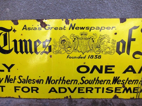 Vintage Times Of India Porcelain Enamel Sign Asia'S Great Newspaper Advertise 14 - Picture 5 of 12