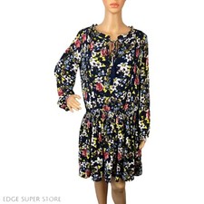 Banana Republic Blue Black Floral Print Tassel Tie Up V Neck Dress Size Medium
