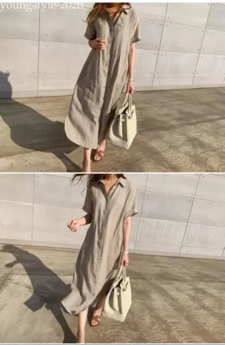 Lady Summer Casual Button-Down Shirt Dress Cotton Linen Long Tunic Beach Kaftan - Bild 10 von 19