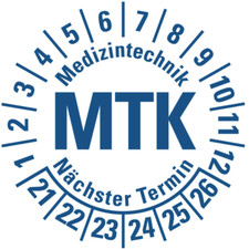 100x Mehrjahrespr&uuml;fplakette "MTK 21-26" Etikett Aufkleber, wei&szlig;/blau &Oslash;15-40mm