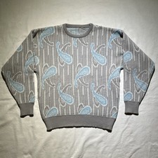 Vintage 80s Grandpa Sweater Paisley Geometric Pattern Pullover Wool Mens Large