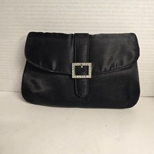 Black Satin Clutch Evening Bag Rhinestone Buckle Wristlet Formal Party