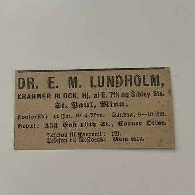 Dr. E. M. Lundholm Krahmer Block St. Paul MN 1906 MN Norwegian Clipping SAK1-S5