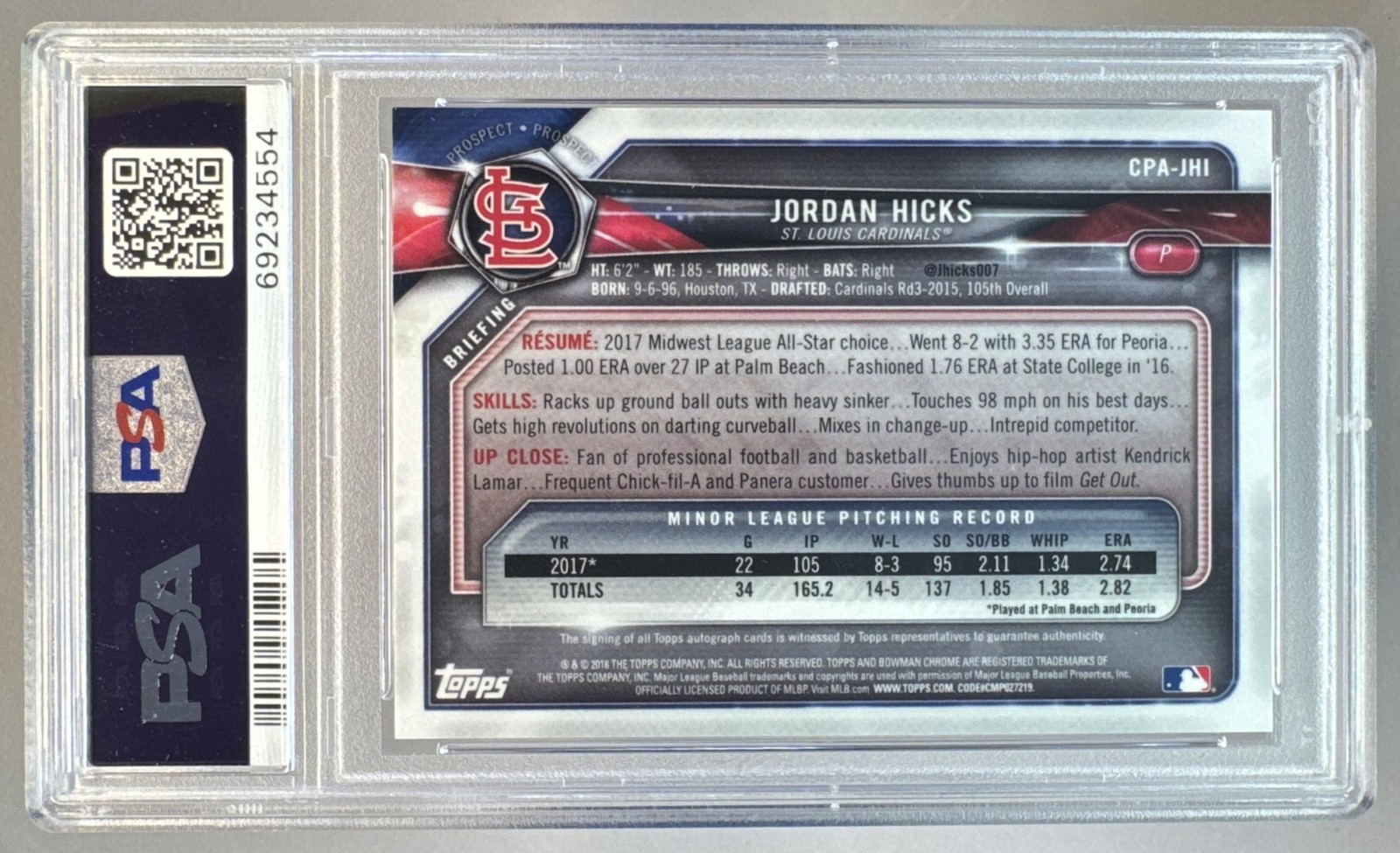 69234554 Jordan Hicks 2018 Bowman Chrome #CPA-JHI 1st RC Auto PSA 9 view 2