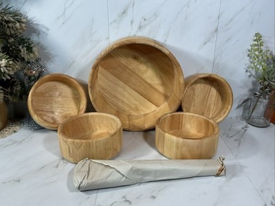 The Cellar 7 Piece Blonde Wood Salad Set~ 5 Bowls + 2 Wooden Servers~ NEW IN BOX