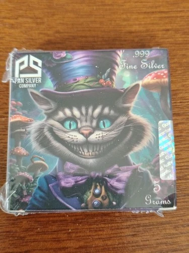 Pan Silver 5 Gram .999 Fine Silver Bar Cheshire Cat 1851/3000 Alice Wonderland