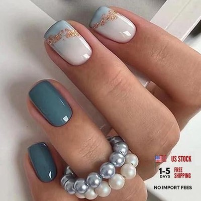 Press on Nails Short Square Fake Nails Sea Blue Acrylic Sea Blue Golden Glitter