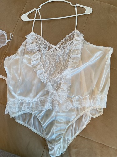 Vtg 80s NWT Nylon Teddy Chiffon Robe Set Lingerie 3x White Bridal Ruffles NOS - Picture 7 of 9