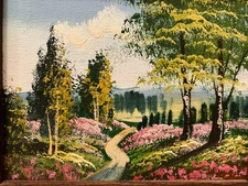 Vintage Acrylic Painting, Country Road and Trees