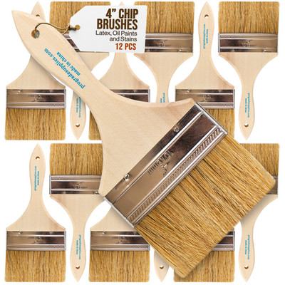 12Pk - 4'' Chip Brushes for Paints, Stains, Varnishes, Glues, & Gesso