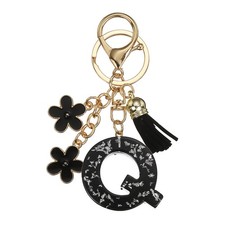 Alphabet Initial Letter Keychain Cute Charm with Tassel Flower Letter Q Black