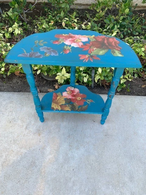 Vintage Wood Floral Teal Blue Half Moon Side Table - Image 2 of 4