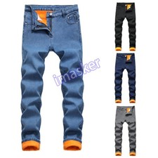 Men Winter Fleece Lined Jeans Thermal Skinny Pants Slim Long Denim Trousers Warm