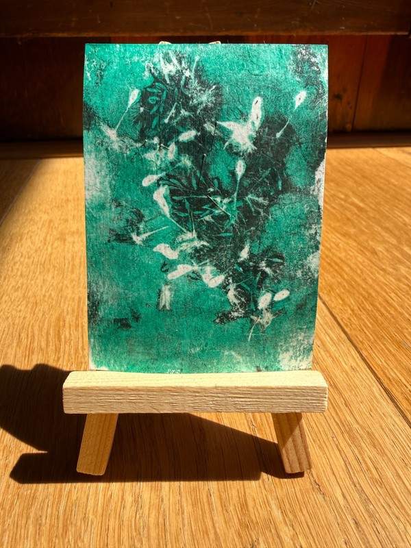 ACEO Original Gelli Print Teal Dandelion Botanical Acrylic Monoprint Art Card