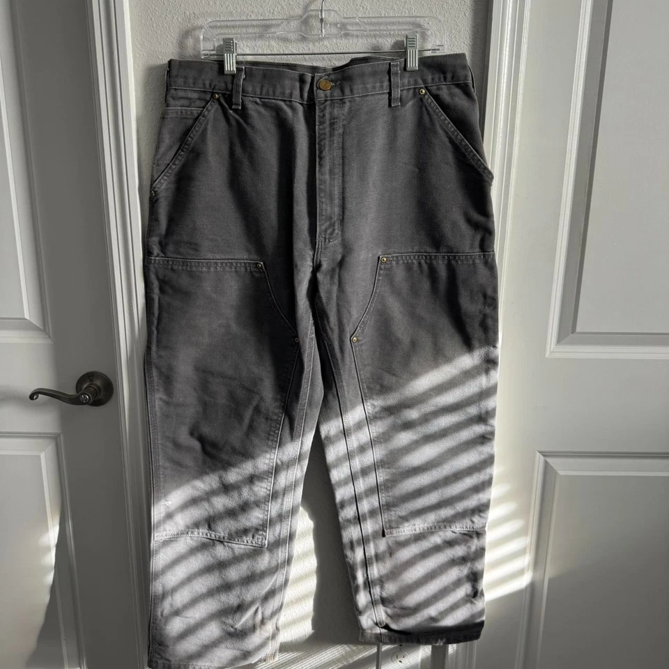 Vintage Faded Grey Carhartt Double Knee Pants B01 GVL Tagged 38x30 Fit 36x28 - Image 3 of 4