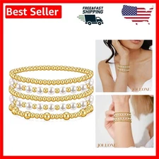 Chic 14K Gold Plated Stretch Bracelets - Elegant Pearl Set for Special Moments