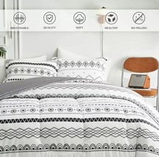 Queen Comforter Set FlySheep 3 PCs Modern Boho White,Bohemian Aztec Geometric Bl