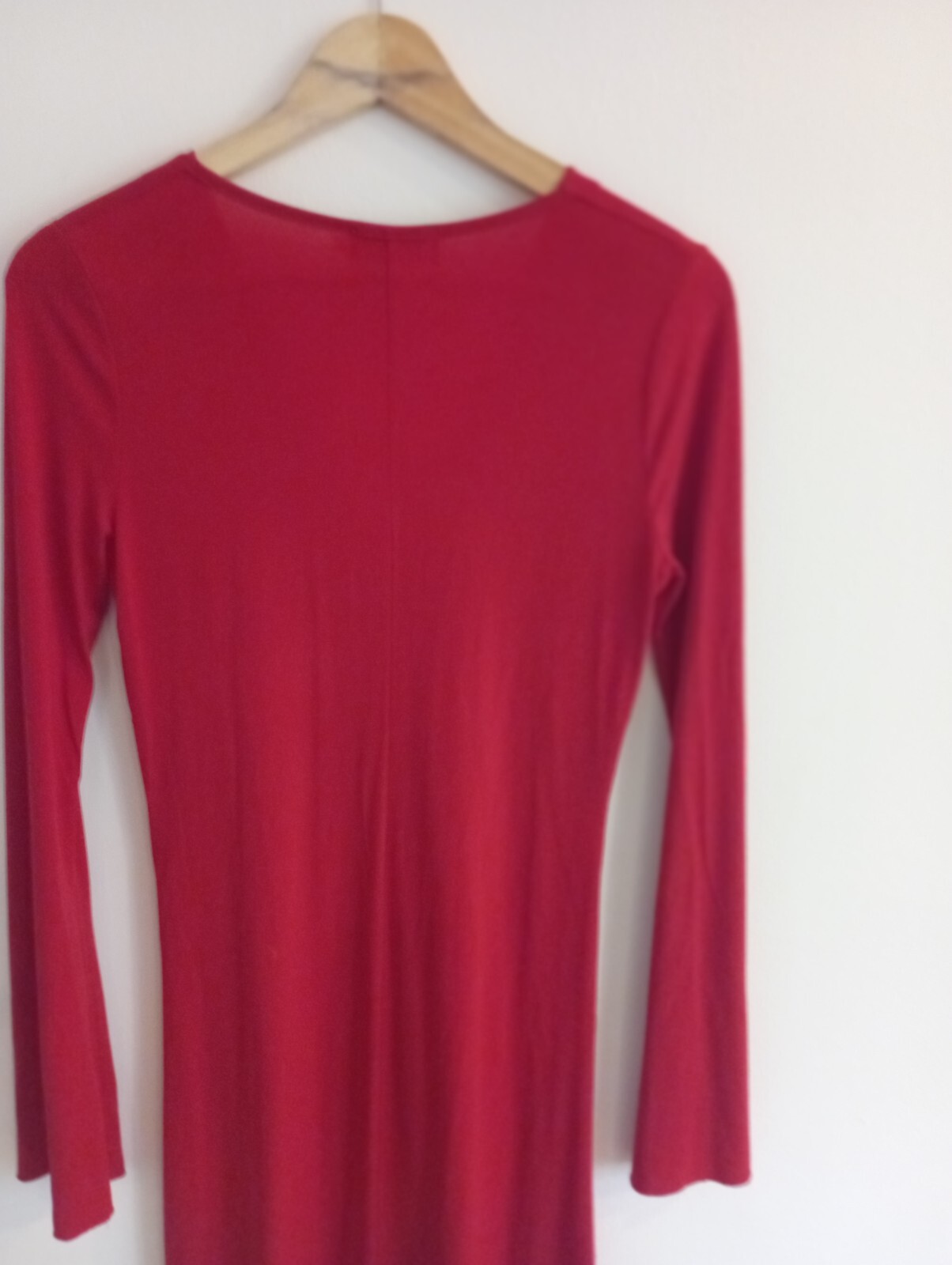 James Lakeland long sleeved red dress, fitted at bust, v neck, flared