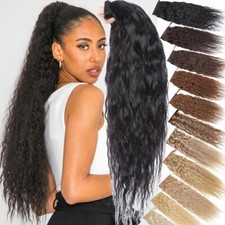Ponytail Clip In Remy Real Human Hair Extension Wrap Around Claw Hairpiece Black