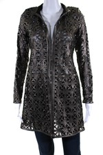 In Transit Womens Laser Cut Metallic Mesh Leather Jacket Brown Black Size Large