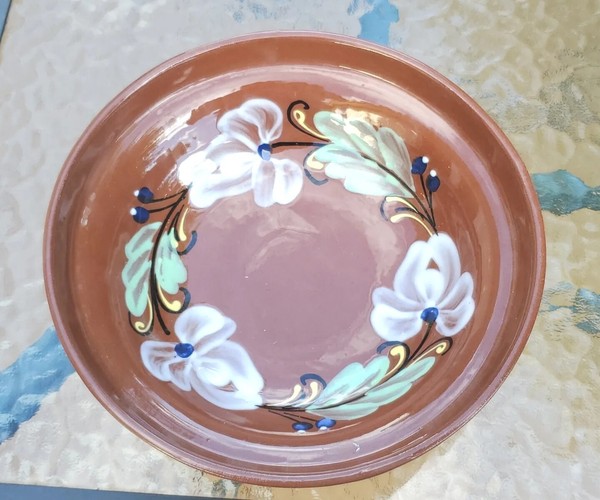 Polish Folk Art pottery Redware 8" Rimmed Bowl Hand Painted Flowers Glazed