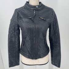 Urban Republic Womens Black Faux Leather Full Zip Moto Coat Jacket Size Small