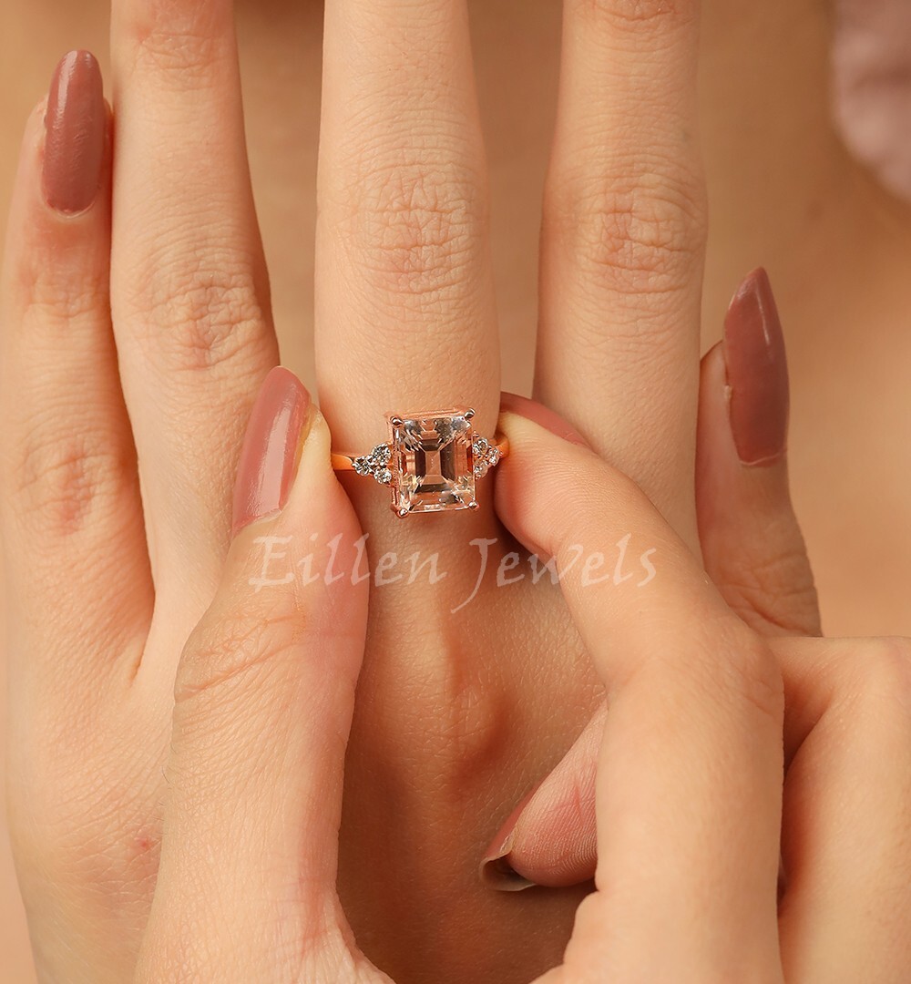 Emerald Cut Morganite Morganite Ring Engagement Ring 925 Sterling
