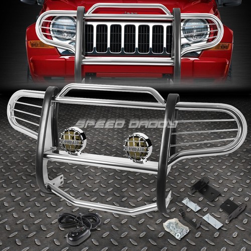 CHROME BRUSH GRILL GUARD+ROUND SMOKE FOG LIGHT FOR 0207 JEEP LIBERTY