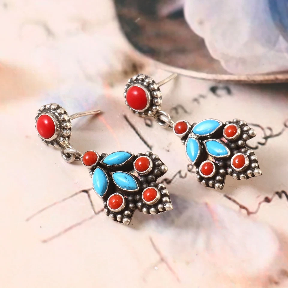 Pendiente colgante de coral natural y turquesa en joyería de plata de ley 925 Foto 2 de 3