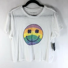 Lucky Brand Womens T Shirt Top Crop Smile Rainbow Short Sleeve Slub Knit White M