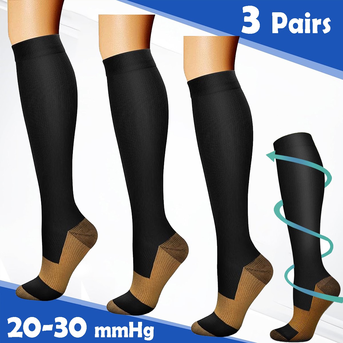 3 Pairs Copper Compression Socks for Men Women 20-30 mmHg Knee High Stockings