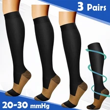 3 Pairs Copper Compression Socks for Men Women 20-30 mmHg Knee High Stockings