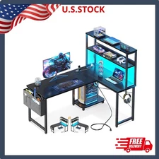 Gaming Desk with Power Outlets & LED Lights, 43 Inch Reversible L Shaped