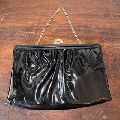 VINTAGE Mardane MCM Handbag 50s-60s Black Patent Clutch Chain Kiss Lock & Mirror