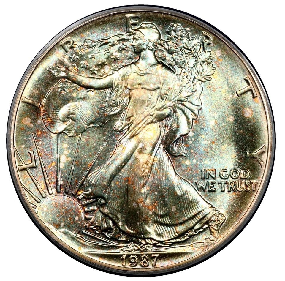 PCGS MS 68 1987 arco iris doble cara color tonificado Silver Eagle bonito Foto 3 de 4