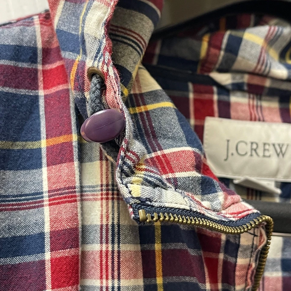 Vintage J. Crew Men's Medium Navy/Red Plaid Cotton Hooded Anorak Jacket 90's - Image 4 of 4