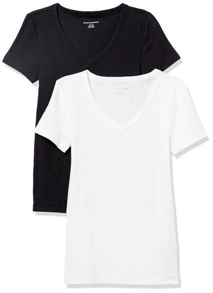 Amazon Essentials Damen V-Ausschnitt T-Shirt Slim Fit 2Er-Pack Schwarz/Weiß XL-image