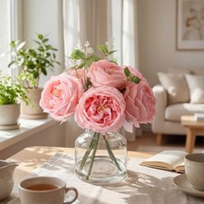 6 PCS Pink Real Touch Artificial Peony Austin Rose Flowers In Vase Faux Water