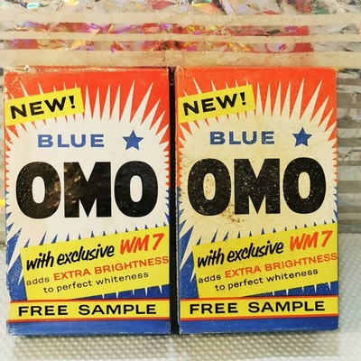 2 Probierpack Vintage ungeöffnet Omo Neu Blau Waschpulver in Original UK Box ~2