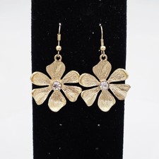 Gold-Tone Cherry Blossom Flower Drop Earrings With Rhinestone Center 2"