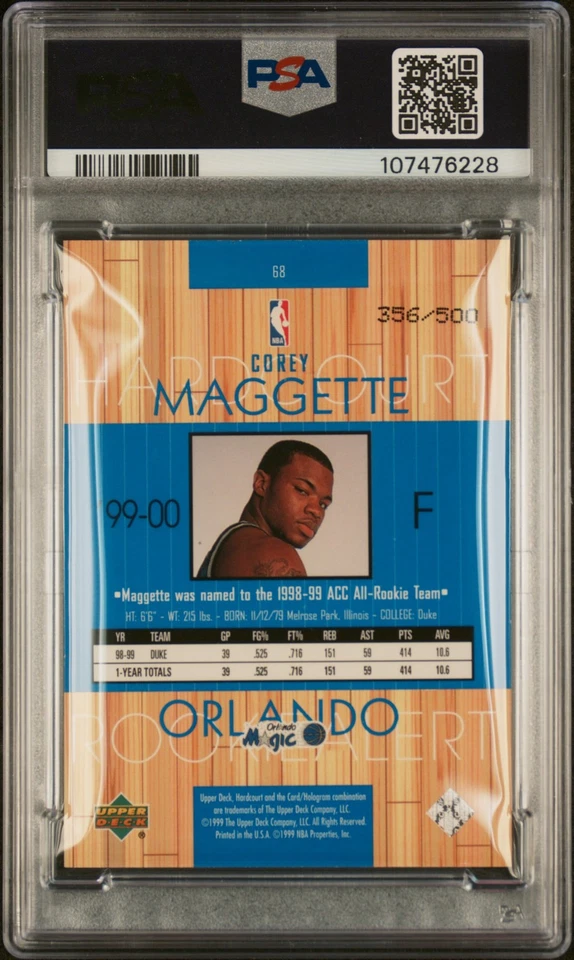1999 UD HARDCOURT BASELINE GROOVES RAINBOW #68 COREY MAGGETTE 356/500 PSA 9 - Image 2 of 2
