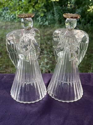 Vintage MIKASA Crystal Glass Candle Holder Set 2 PRAYING ANGEL