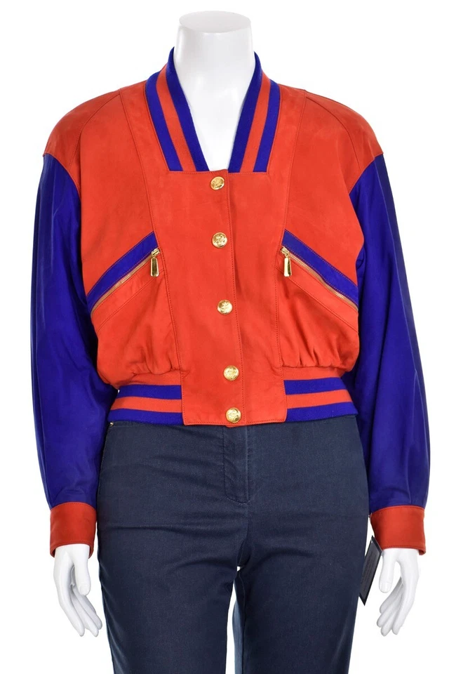 *¡RARO!* Abrigo Chaqueta Bombardero De Colección ESCADA Margaretha Ley Rojo/Azul Gamuza Talla 40/10 Foto 2 de 4