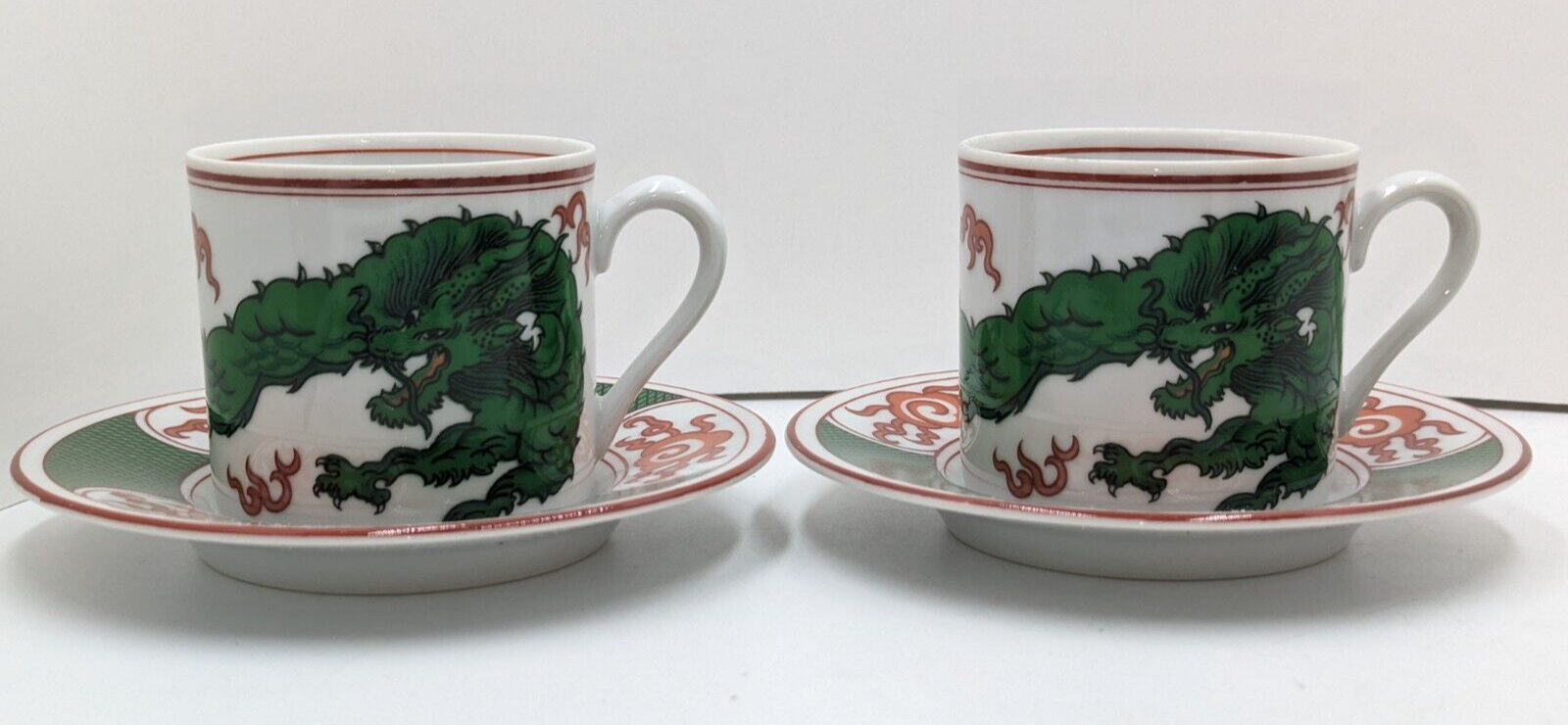 Rare Horchow Collection Set of 2 Demitasse Cups & Saucers Green Dragon Crest