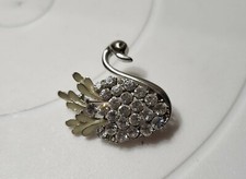 Vintage Silver Tone Swan Brooch Pin with Rhinestones- READ