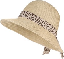 Chapeau de paille papier femme léopard ruban décoratif large bord