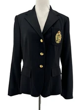 Lauren Ralph Lauren Women's Black Wool Embroidered Logo Blazer Jacket Size 10
