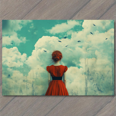 POSTCARD Back View Woman Cloudscape Birds Blue Sky Red Dress Ethereal Vibe