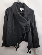 Jolt Women Wrap Jacket Small Black Faux Suede Fringe One Button Southwest New