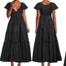 NWOT STAUD Corsica Black Plunging Tiered Maxi Dress sz XS